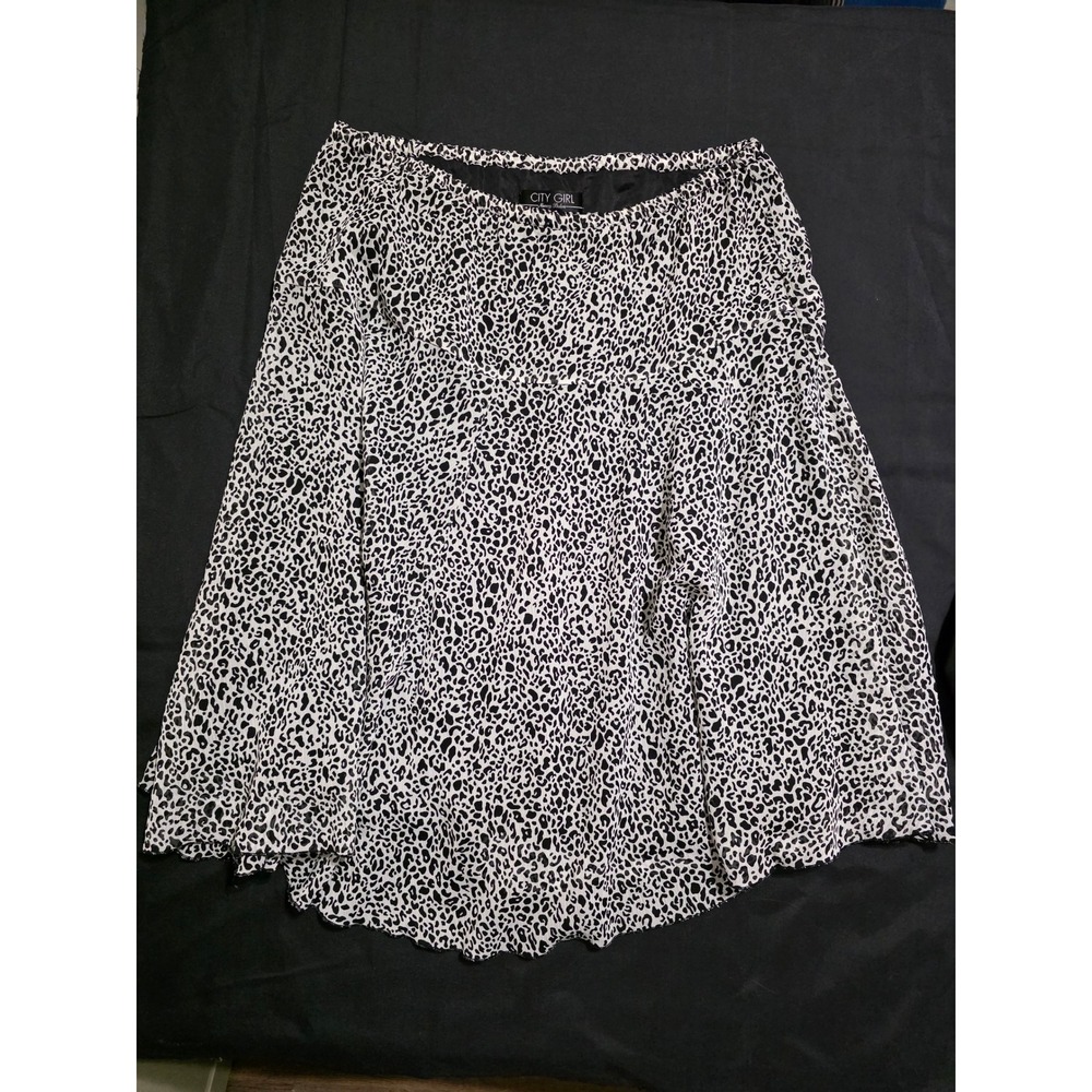 City Girl Nancy Bolen Skirt Women 10 Black White Leopard Print A-Line Chiffon